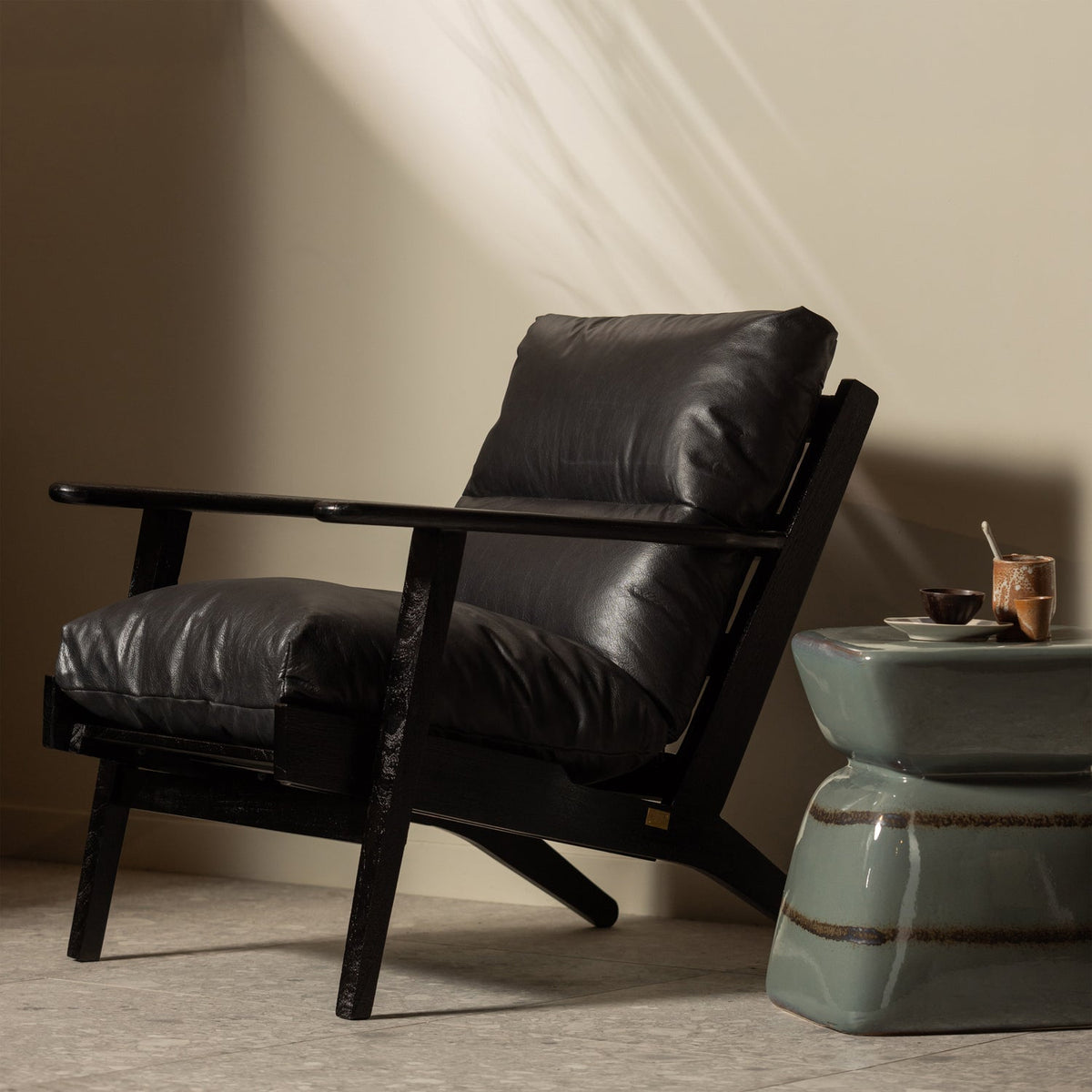 Houston Fauteuil Leer/Hout Zwart