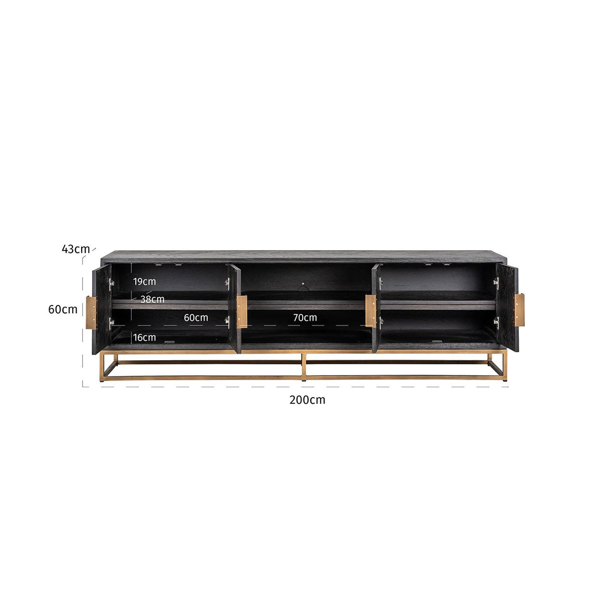 TV-dressoir Blackbone brass 4-deuren 200 (Black rustic) van Richmond Interiors – Luxe comfort op maat van PureWonen. Vraag naar de beste prijs.