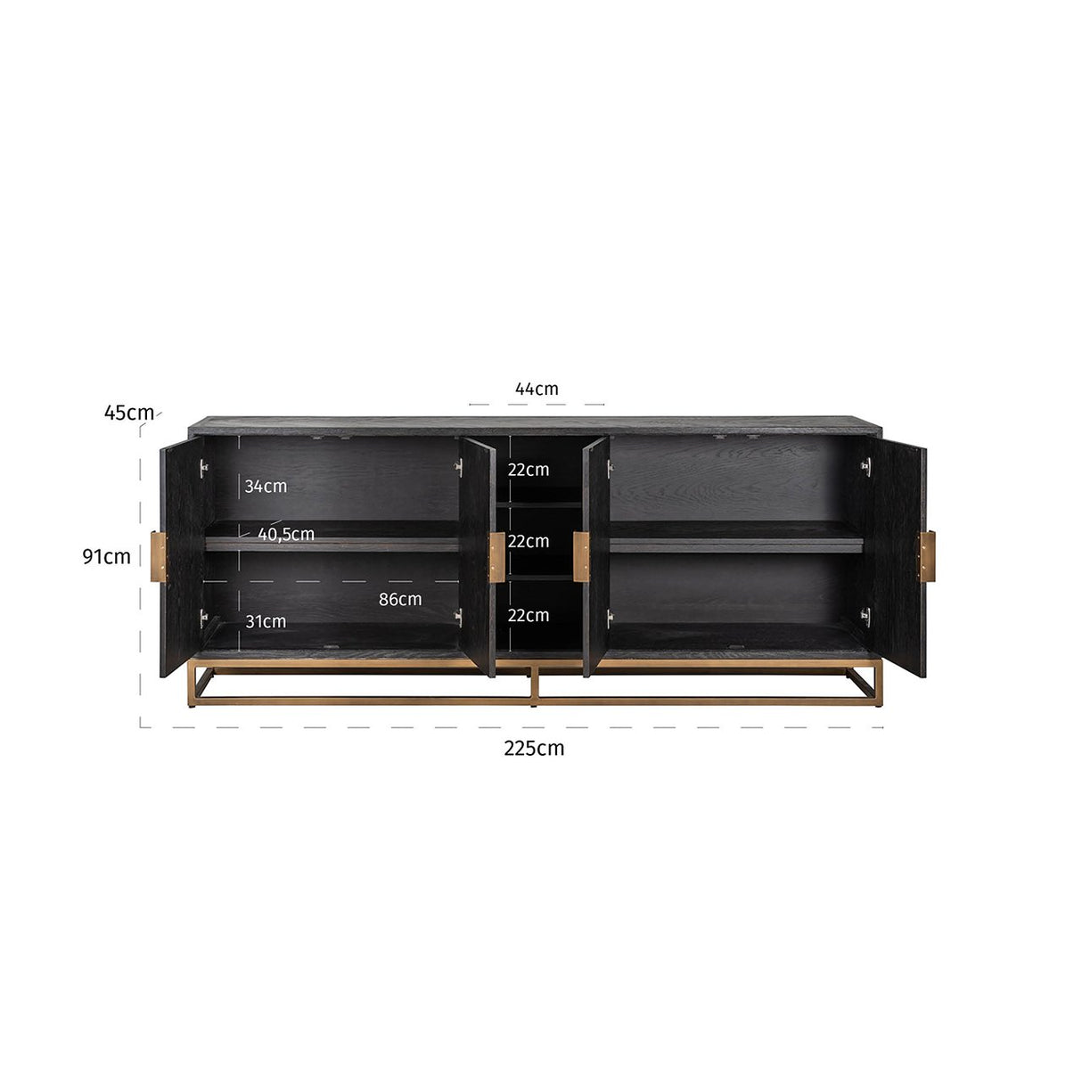 Dressoir Blackbone brass 4-deuren + open vak (Black rustic) van Richmond Interiors – Luxe comfort op maat van PureWonen. Vraag naar de beste prijs.