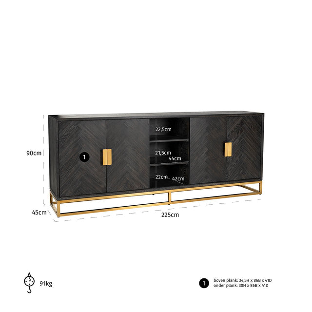 Dressoir Blackbone gold 4-deuren + open vak (Black rustic) van Richmond Interiors – Luxe comfort op maat van PureWonen. Vraag naar de beste prijs.
