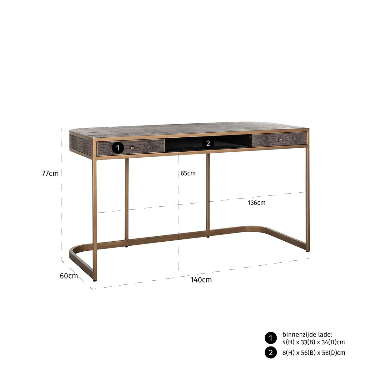 Bureau Classio 2-laden (Brushed Gold) van Richmond Interiors – Luxe comfort op maat van PureWonen. Vraag naar de beste prijs.