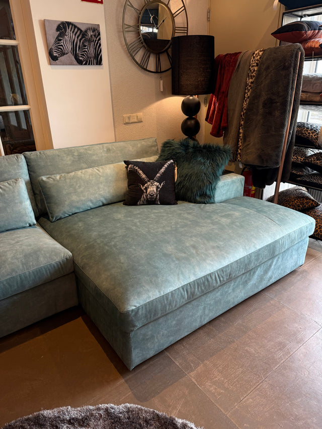Mega lounge bank groen velous met afneembare hoezen.