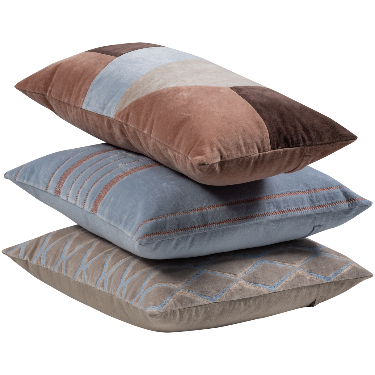 Laon Kussens Velvet Naturel/Blauw Set Van 3