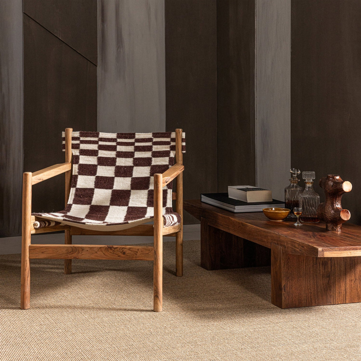 Zano Fauteuil Hout Bruin Met Kelim Zitting Naturel