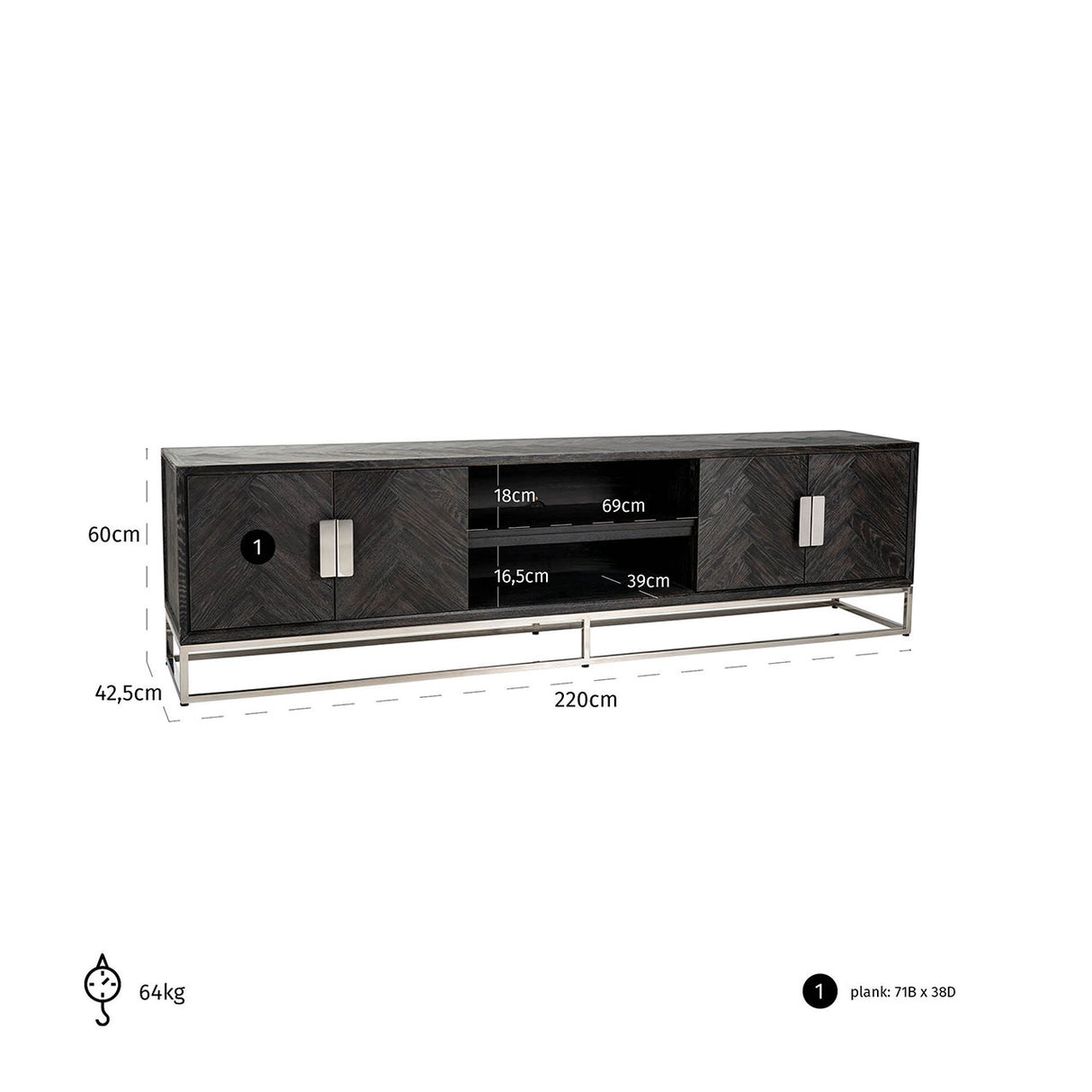 TV-dressoir Blackbone silver 4-deuren 220 (Black rustic) van Richmond Interiors – Luxe comfort op maat van PureWonen. Vraag naar de beste prijs.
