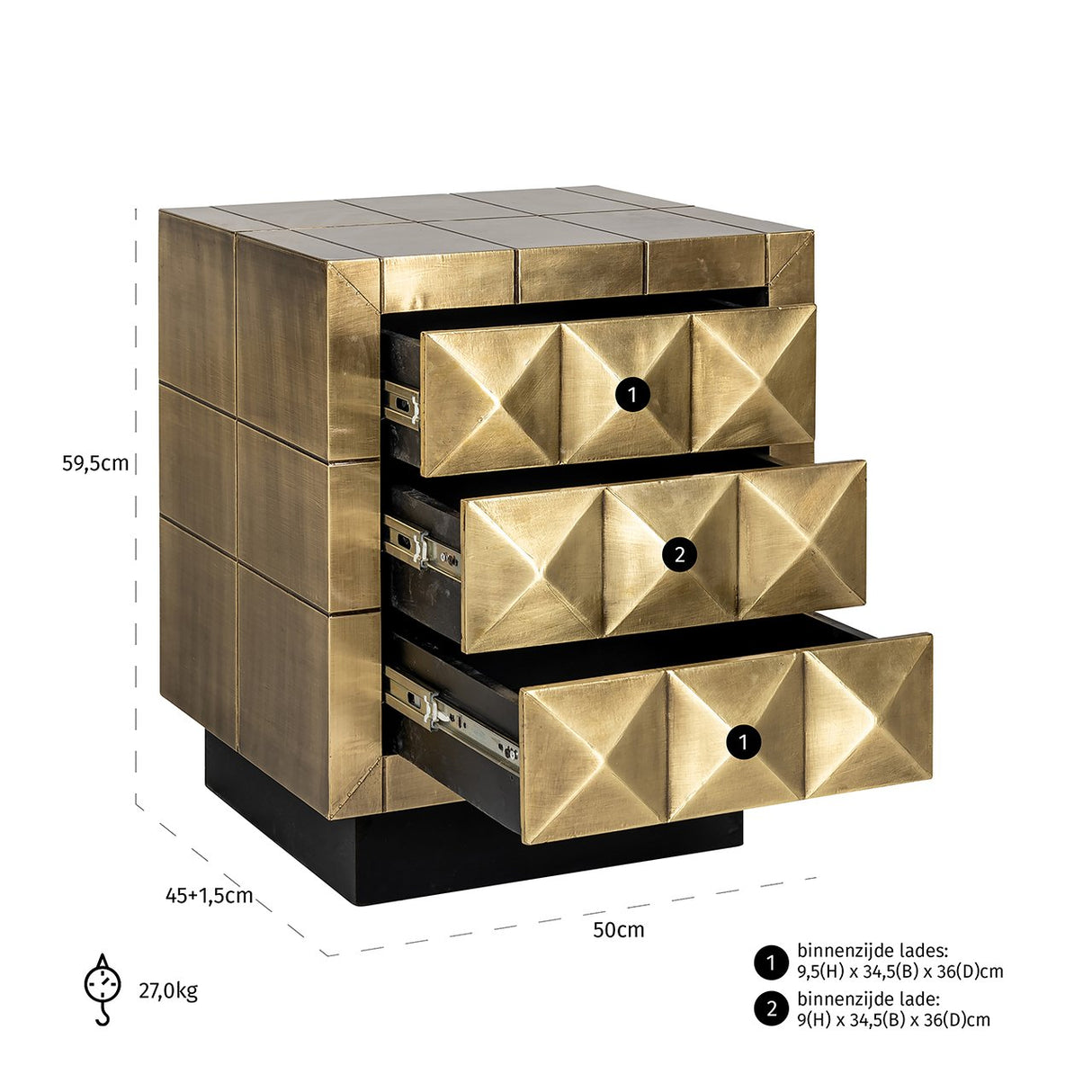 Nachtkast Collada 3-laden (Brushed Gold) van Richmond Interiors – Luxe comfort op maat van PureWonen. Vraag naar de beste prijs.