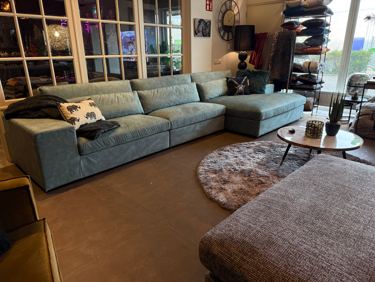 Mega lounge bank groen velous met afneembare hoezen.