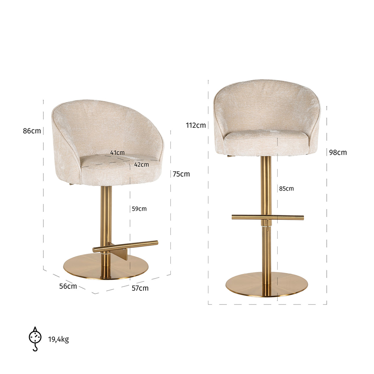 Bar/counter stoel Zabi draaibaar white chenille (Bergen 900 white chenille) van Richmond Interiors – Luxe comfort op maat van PureWonen. Vraag naar de beste prijs.